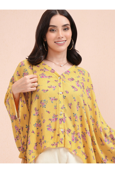 Tokyo Talkies By Styli All-Over Floral Print Batwing Sleeve Kaftan Top