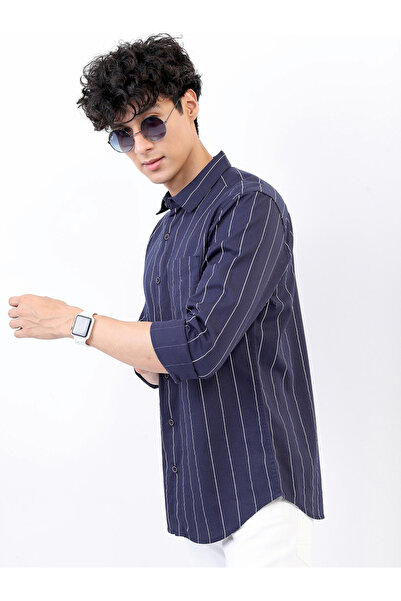 Highlander By Styli Striped Cotton Slim Fit Shirt with Pocket