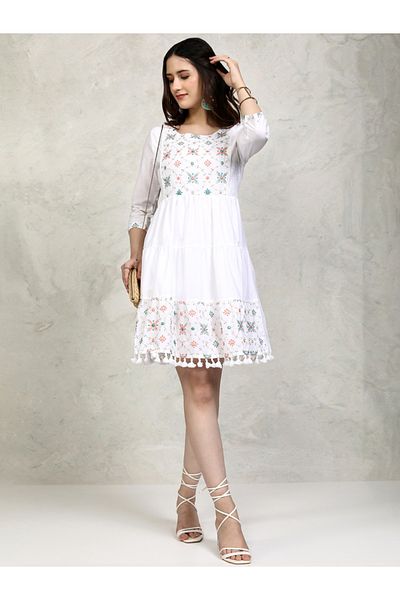 Vishudh By Styli Floral Embroidered Fit and Flare Mini Dress with Tassel Detail
