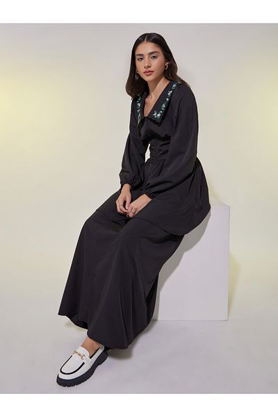 Take Two By Styli Embroidered Long Sleeve Maxi Dress with Corset Detail