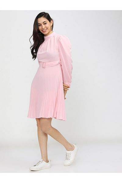 Tokyo Talkies By Styli High Neck Pleated Mini Dress with Waist Belt Detail