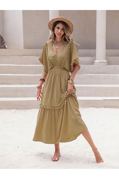 Russty Dustty By Styli Tassel Detail V Neck A-Line Midi Dress