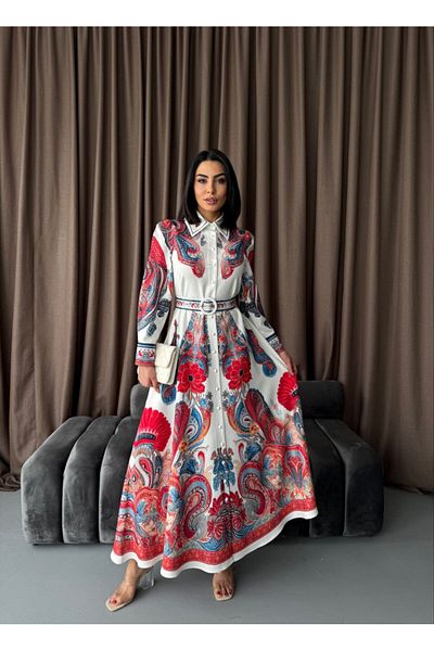 D'RECCY Women's Long Dress with Printed Belt