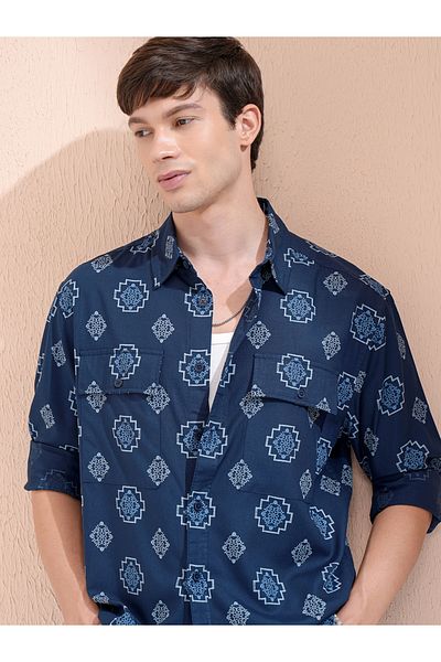 Highlander By Styli Printed Oversized Collared Shirt with Pockets