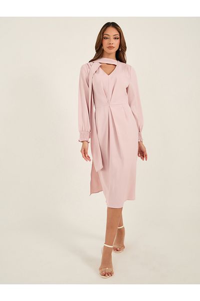 Luxewave By Styli Solid Pleated V Neck Midi Dress with Tie-Up Detail