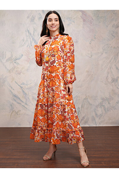 Vishudh By Styli Floral Print Tie-Up Neck Tiered Maxi Dress