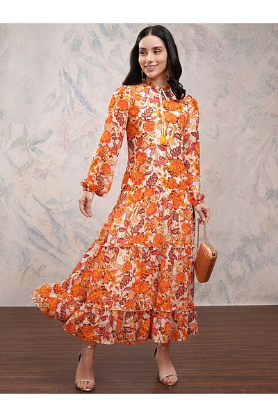 Vishudh By Styli Floral Print Tie-Up Neck Tiered Maxi Dress