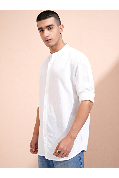 Highlander By Styli Solid Relaxed Fit Mandarin Collar Shirt