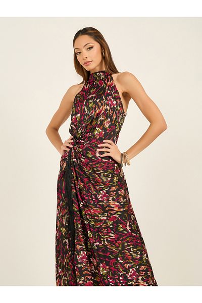 Styli Halter Neck Wrap Style Maxi Dress with Fringe Hem