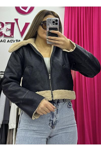 Daves Faux Leather Biker Jacket with Double Pockets and Fur Inside-Black