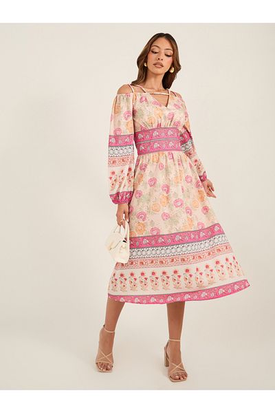 Luxewave By Styli All-Over Print V Neck Balloon Sleeve Midi Dress
