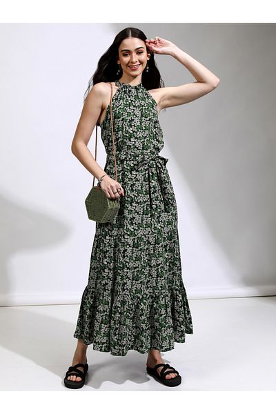 Tokyo Talkies By Styli All-Over Floral Print Halter Neck A-Line Maxi Dress