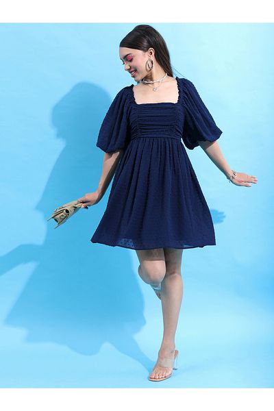 Tokyo Talkies By Styli Textured Puff Sleeve Gathered Detail Mini Dress
