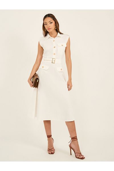 Styli Belted Shirt Midi Dress with Mock Flap Pocket