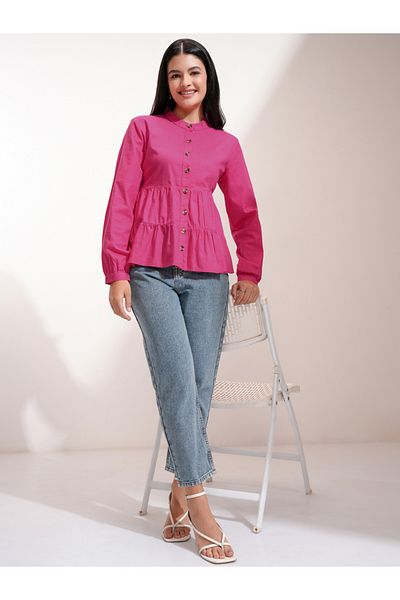 Tokyo Talkies By Styli Mandarin Collar Cotton Tiered Top