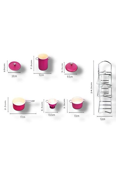 SAZE Atf-683G-6 7-Piece Pink Enamel Cookware Pots and Pans Set with Racks Educational Kitchen Set