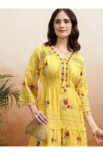 Vishudh By Styli Embroidered V Neck Mini Dress with Pom-Pom Detail