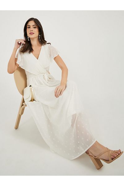 Styli Dobby Frill Sleeves A-Line Maxi Dress with Waist Tie Detail