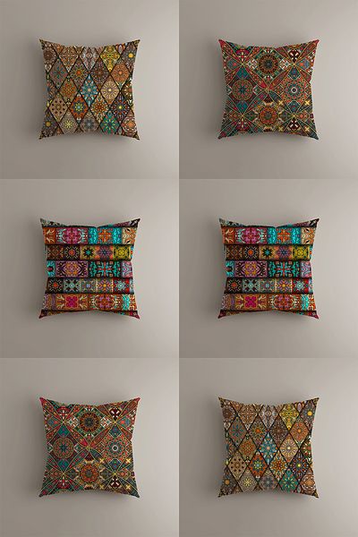 LadiesHome Set of 6 Ethnic Patterned Throw Pillow Covers - Mosaic and Kilim Motifs, Double Sided, 43X43 cm