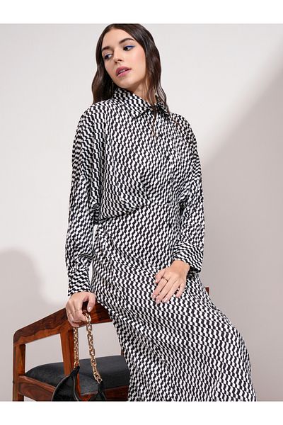 Tokyo Talkies By Styli All Over Print Shirt Midi Dress with Button Placket