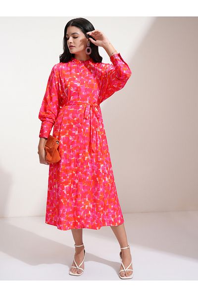 Tokyo Talkies By Styli All-Over Print Balloon Sleeve A-Line Midi Dress with Belt Detail