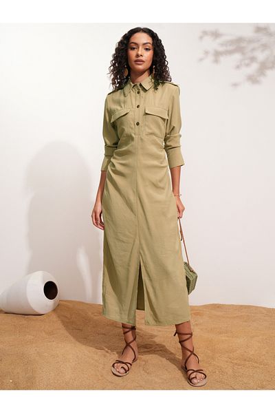Tokyo Talkies By Styli Solid Pocket Detail Shirt Collar A-Line Midi Dress