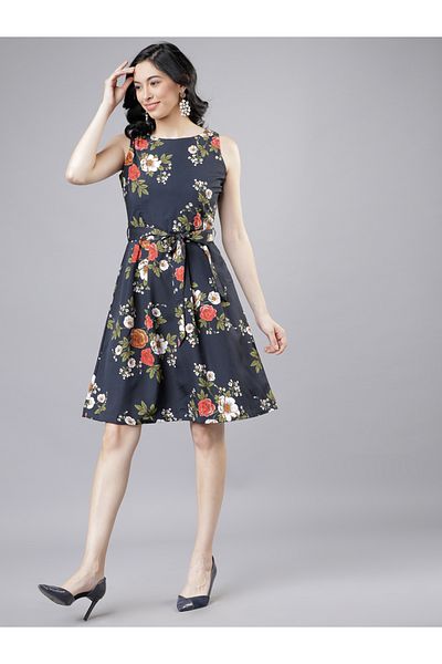 Tokyo Talkies By Styli Floral Print Fit and Flare Knee Length Dress with Tie-Belt