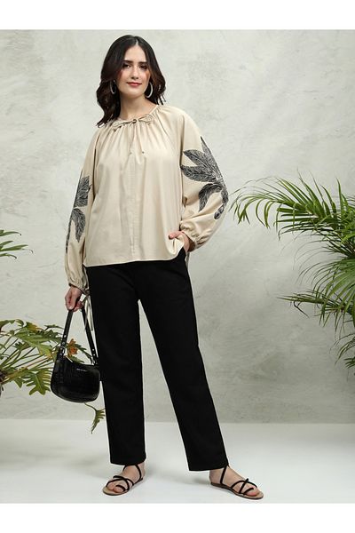 Tokyo Talkies By Styli Floral Print Balloon Sleeve Top with Tie-Up Neck