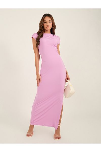 Luxewave By Styli Solid Gathered Detail Bodycon Maxi Dress with Side Slit