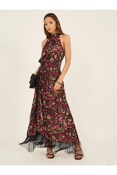 Styli Halter Neck Wrap Style Maxi Dress with Fringe Hem