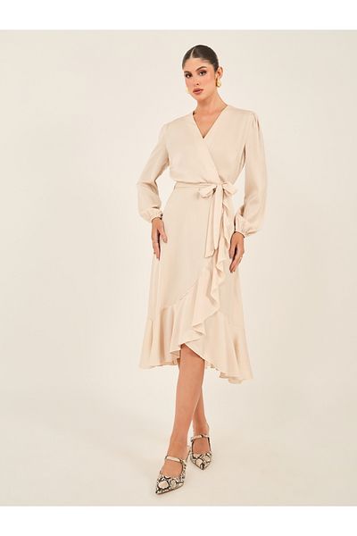 Styli Solid Balloon Sleeve Wrap Midi Dress with Ruffle Details