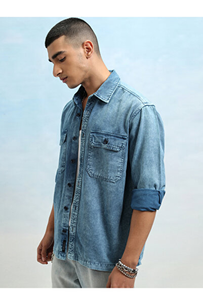 Highlander By Styli Regular Fit Faded Denim Shirt with Pockets