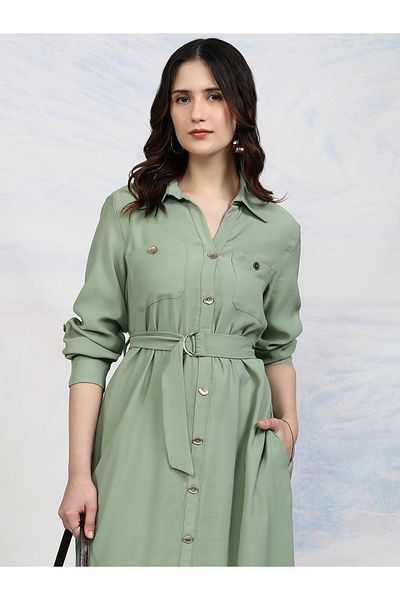 Tokyo Talkies By Styli Solid Pocket Detail Shirt Collar A-Line Midi Dress