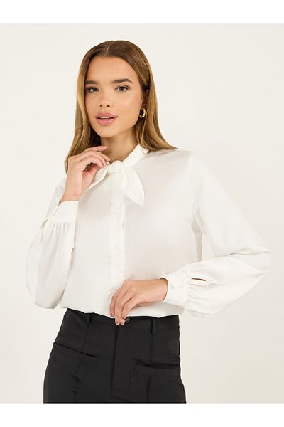 Styli Solid Regular Fit Blouse with Tie Up Neck Detail