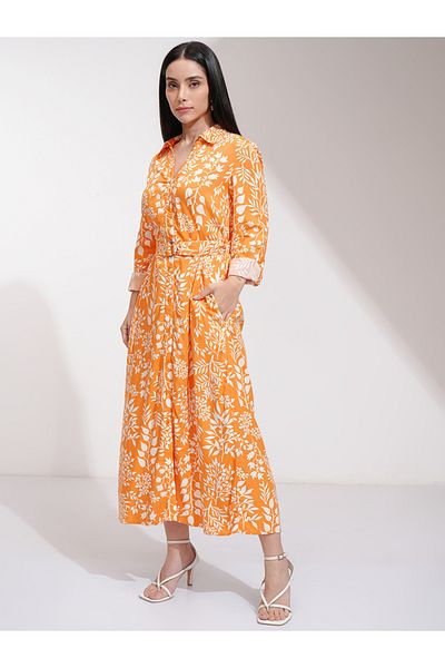 Tokyo Talkies By Styli All-Over Floral Print Shirt Midi Dress with Belt Detail