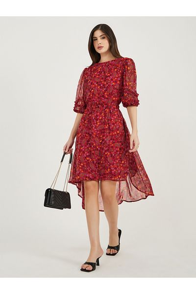 Styli All-Over Print Asymmetric Hem Midi Dress
