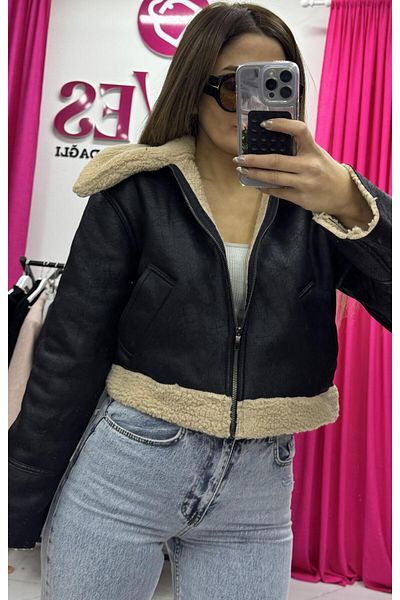 Daves Faux Leather Biker Jacket with Double Pockets and Fur Inside-Black
