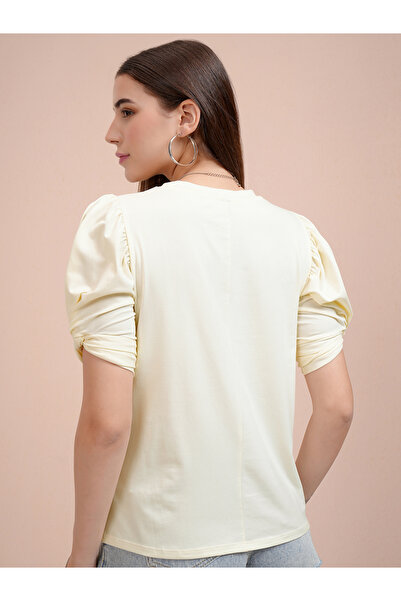 Tokyo Talkies By Styli Solid Puff Sleeves Slim Fit T-Shirt