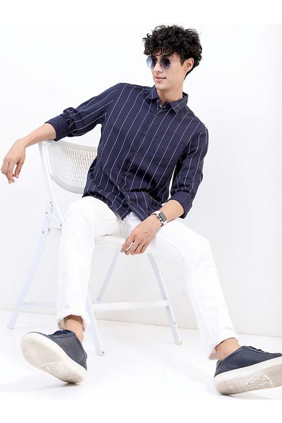 Highlander By Styli Striped Cotton Slim Fit Shirt with Pocket