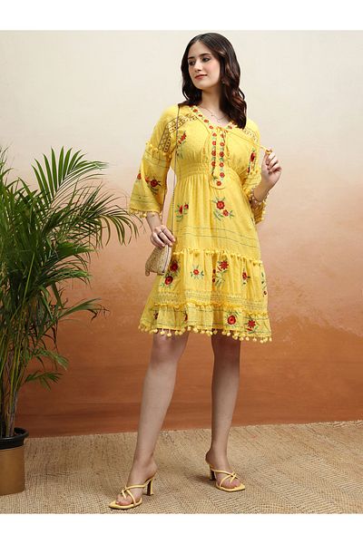 Vishudh By Styli Embroidered V Neck Mini Dress with Pom-Pom Detail