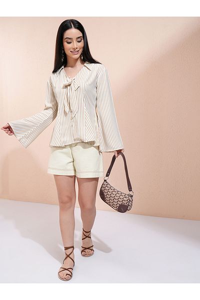 Tokyo Talkies By Styli Striped Bell Sleeve Shirt Top with Tie-Up Detail