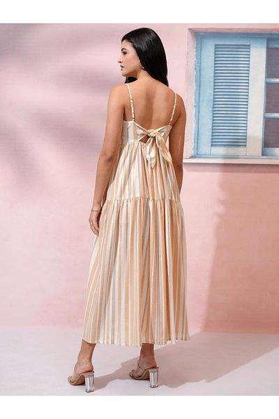 Vishudh By Styli Striped Cotton A-Line Maxi Dress with Tie-Up Back