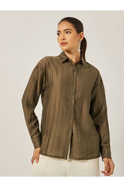 Styli Textured Striped Regular Fit Shirt with Metallic Detail