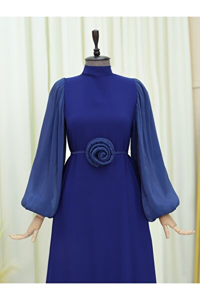 Modamorfo Φόρεμα με μανίκια με ελαστική μανσέτα και ζώνη με τριαντάφυλλο - Navy