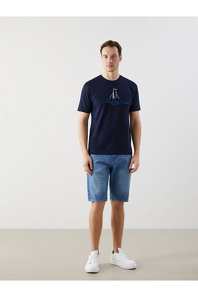 LC Waikiki Ανδρικό μπλουζάκι LCWAIKIKI Classic Navy Blue Crew Neck με στάμπα από βαμβακερό χτενισμένο βαμβάκι