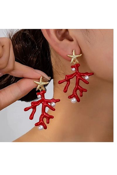 mos&more Red Coral Gold Pearl Lightweight Women's Earrings