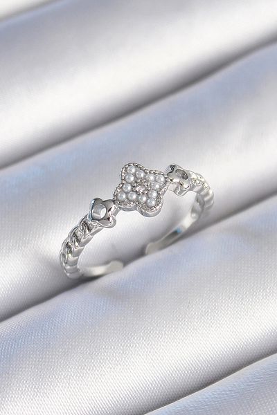 shopwave Brass Silver Color Pearl Clover Model Zircon Stone Detailed Women's Ring