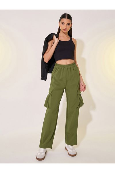 Take Two By Styli بنطال كارجو سادة متوسط الارتفاع بقصّة عادية