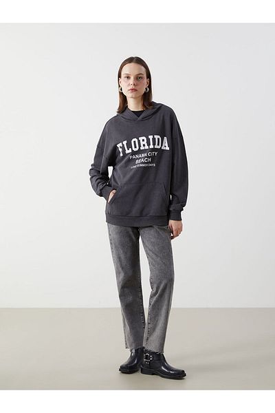 LC Waikiki Γυναικεία κουκούλα με κουκούλα LCWAIKIKI Classic Anthracite Florida με στάμπα