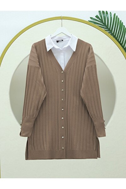 Modamorfo Brown Colored Metal Buttoned Slit Sweater Cardigan